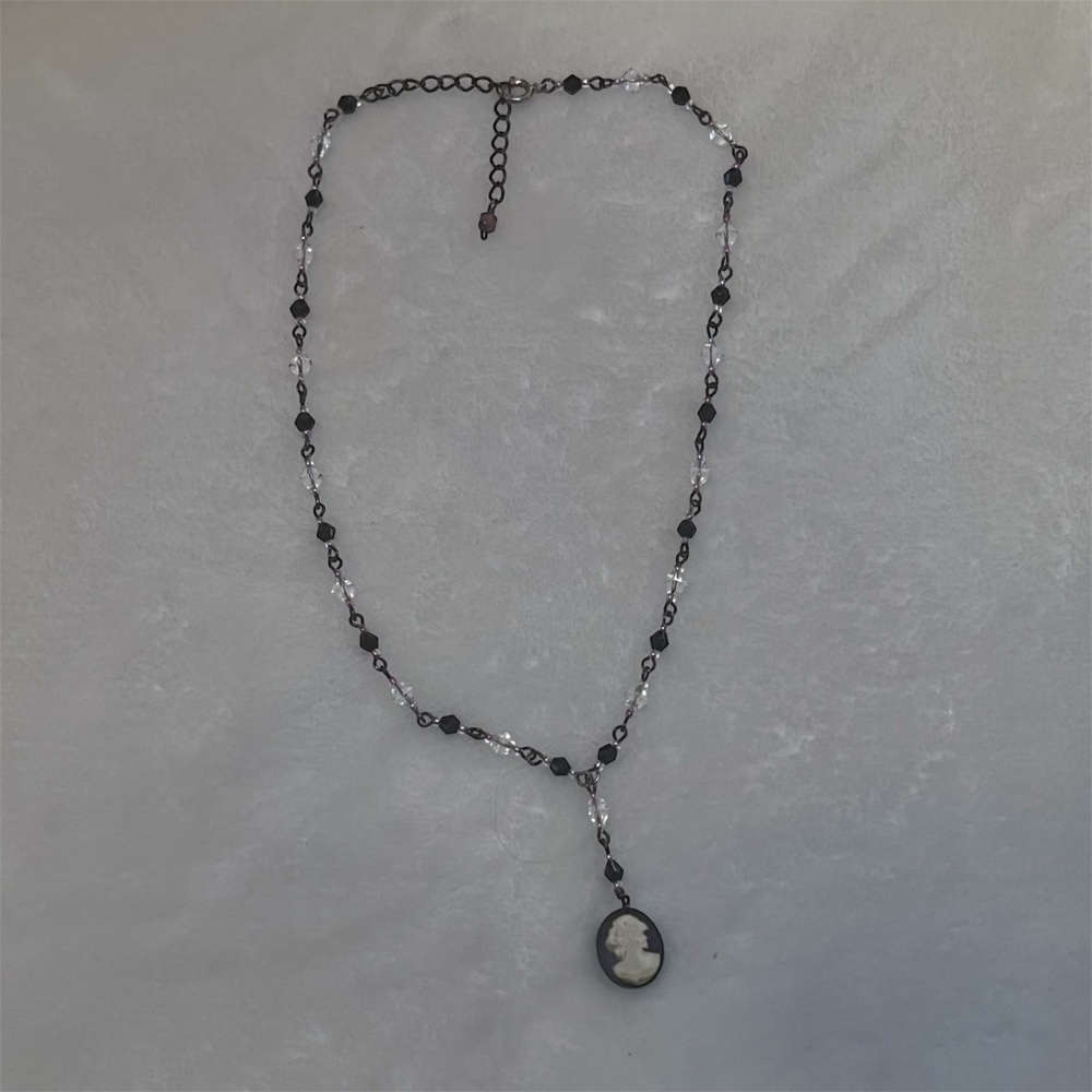 Vintage Black & Clear Beaded Cameo Necklace